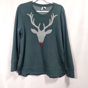 established 1946 Women Large Green Pullover Sweatshirt Deer Design Slit Hem